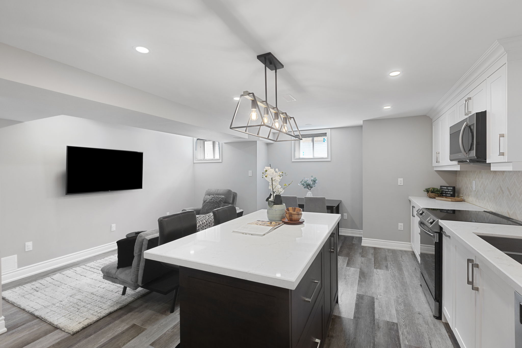 Lower level living and kitchen