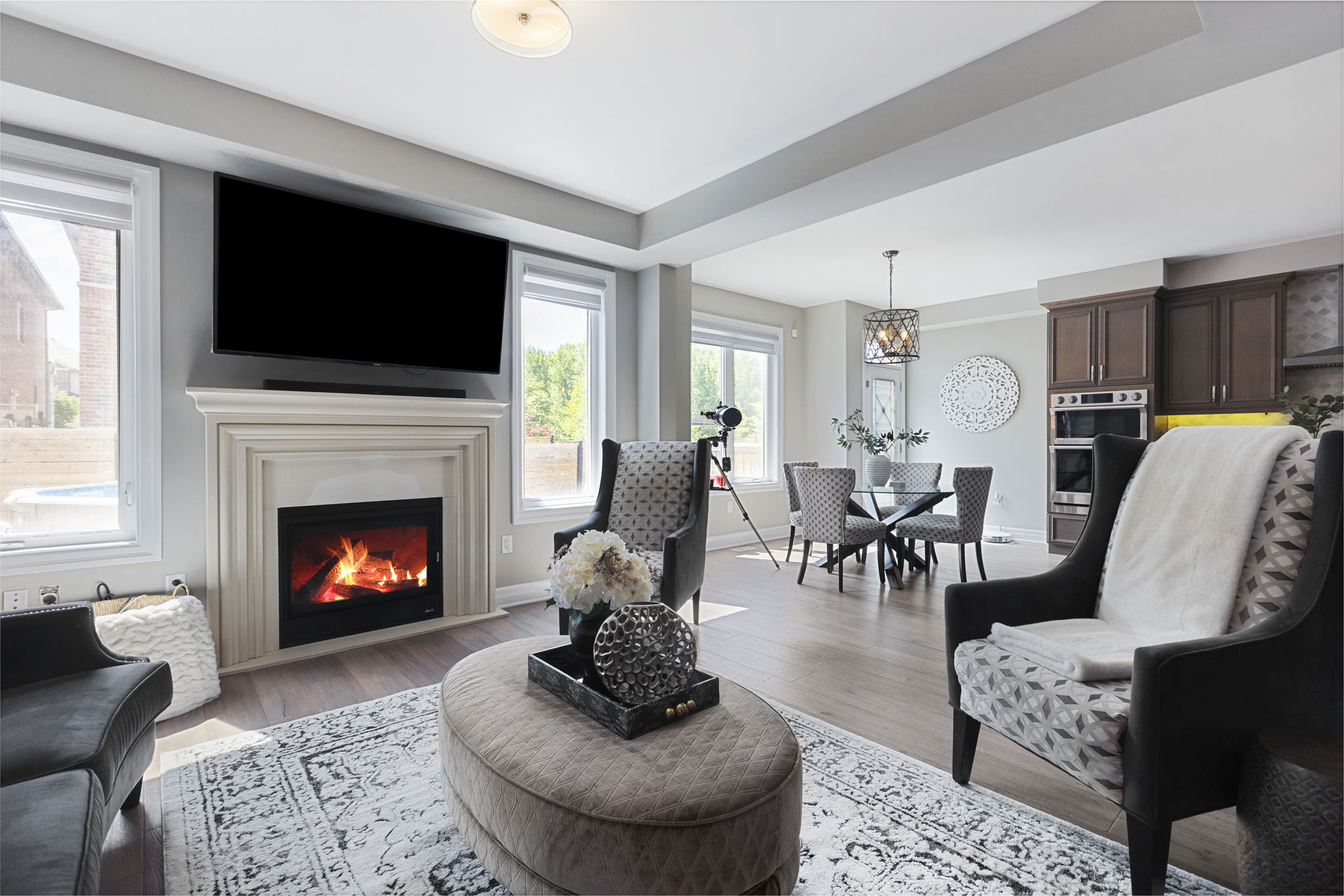 Family room with cast fireplace